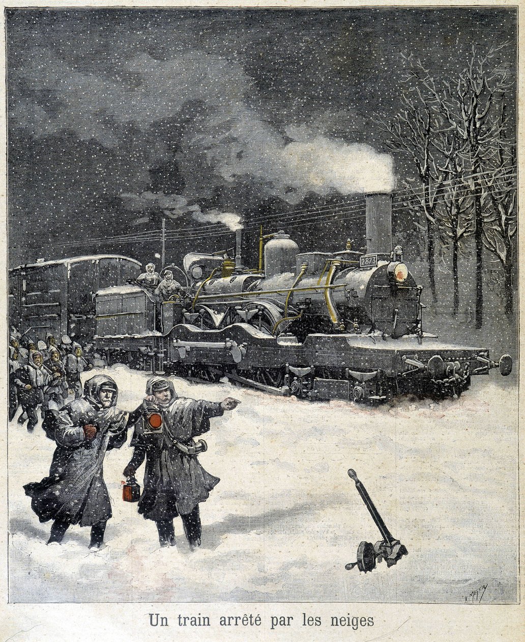 A vonat megállásra kényszerült a hó miatt. Az 1892. márciusi „” Le Petit Parisien”” újság illusztrációja. alkotó: French School