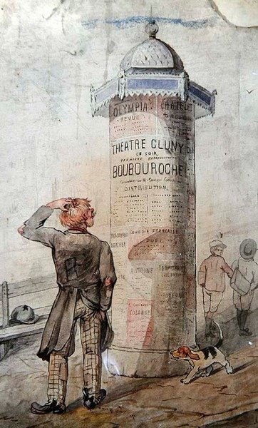 Csavargó egy posztert néz, amely Courteline „Boubouroche” című darabját hirdeti (akvarell papíron) alkotó: French School