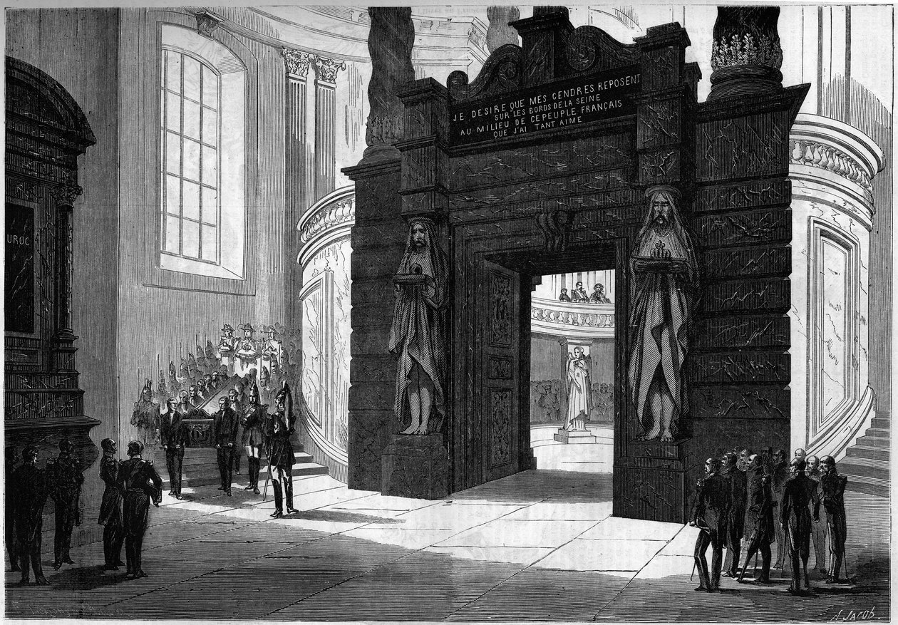 I. Napóleon (1769-1821) hamvainak átszállítása a Szent Jeromos-kápolnából az Invalidusok kupolája alatt épült sírba. Párizs, 1861. április 2. Metszet a „” Le Monde Illustré”” 209. számban, 1861. április 13.. alkotó: French School