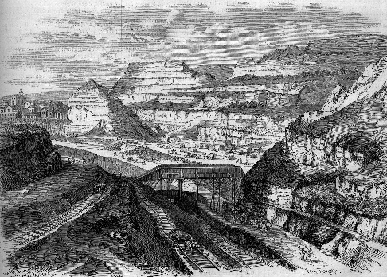 Párizs átalakulása a Második Birodalom alatt, Haussmann Párizs: átalakulás a Buttes-Chaumont vakolatbányák parkjává (Buttes Chaumont). Metszet a „Le Monde Illustre” 306. számában, 1863. február 21-én. alkotó: French School