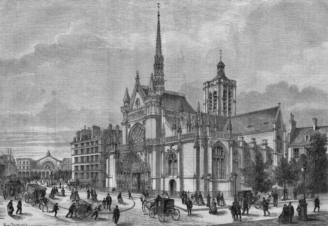 Párizs átalakulása a Második Birodalom alatt, Haussmann Párizs: a Saint Laurent-templom új neogótikus homlokzatának képe, Boulevard de Strasbourg, Simon Claude Constant Dufeux (Constant-Dufeux) (1801-1870) építész által restaurált alkotó: French School