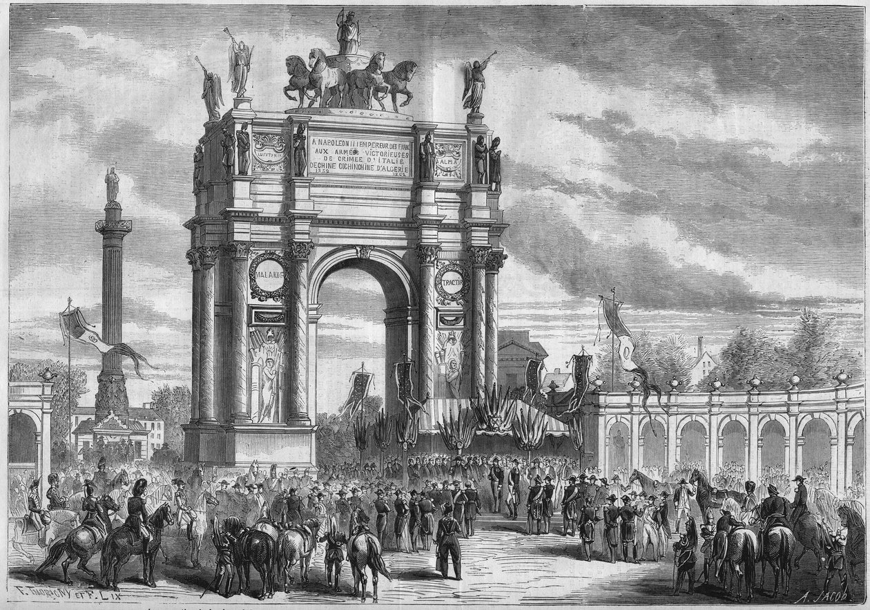 Párizs átalakulásai a második birodalom alatt, Haussmann Paris: Diadalív a Boulevard du Prince Eugene (ma Boulevard Voltaire) felavatásán III. Napóleon által. Metszet a „” Le Monde Illustré”” 296. számában, 1862. december 13. alkotó: French School