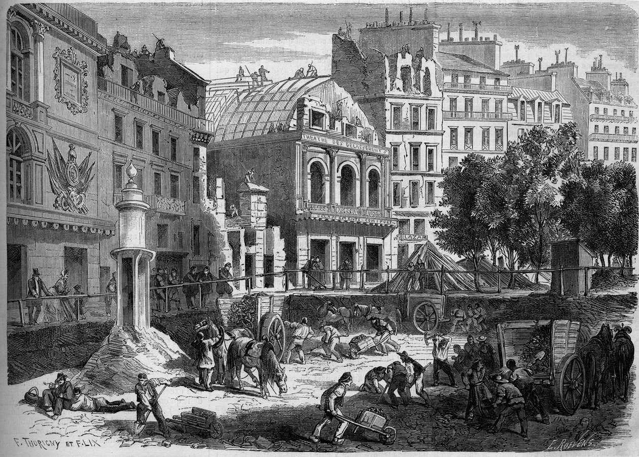 Párizs átalakulása a második birodalom alatt, Haussmann Paris: a Templom színházainak lebontása a Boulevard du Prince Eugene (ma Boulevard Voltaire) áttöréséhez. Metszet a „” Le Monde Illustré”” 278. számában, augusztus 9 alkotó: French School