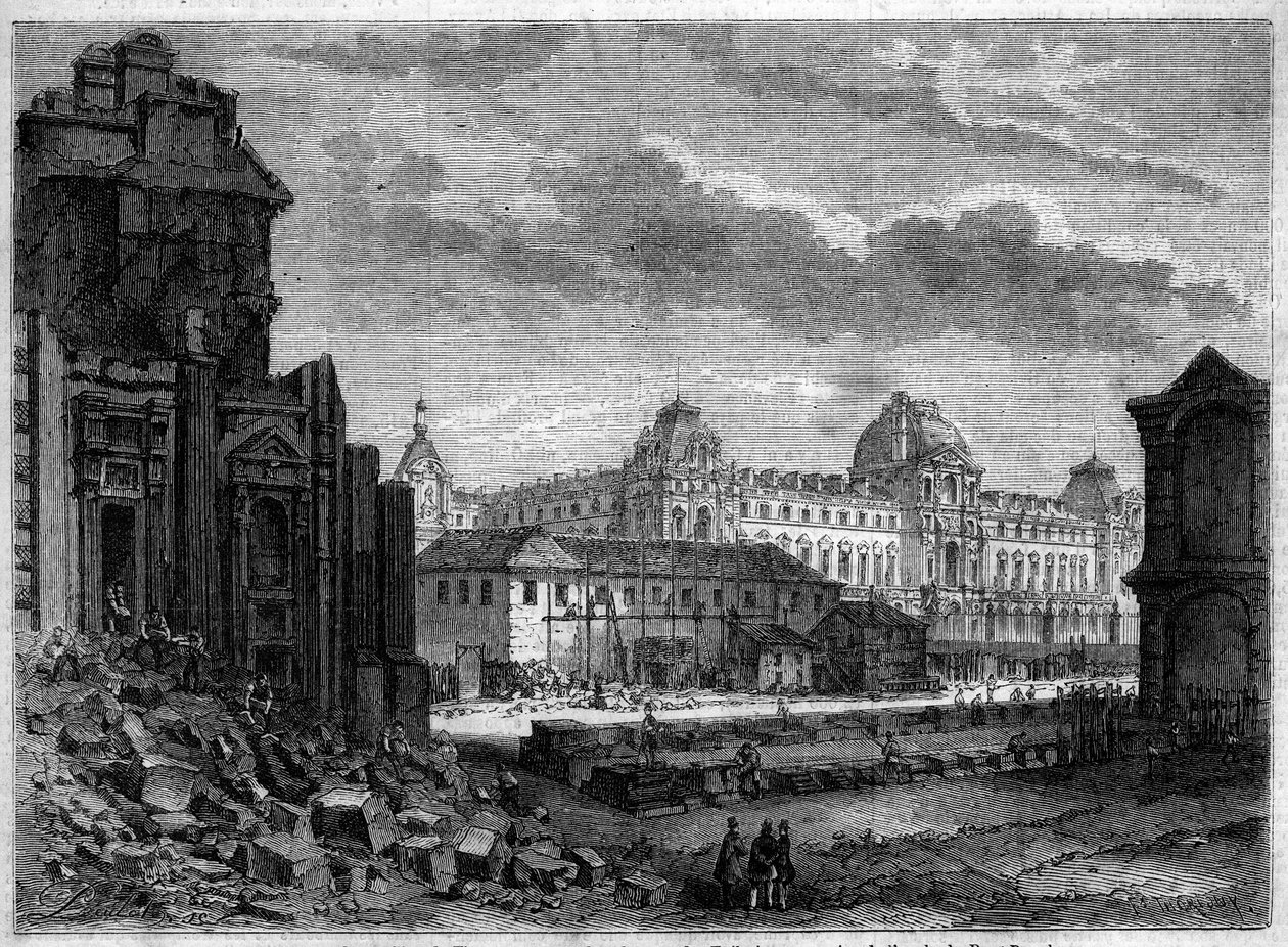 Párizs átalakulása a második birodalom alatt, Haussmann Paris: a Flore pavilon lebontása és a Tuileriák udvarán végzett munkálatok – Metszet a „Le Monde Illustré” 244. számában, 1861. december 14. alkotó: French School