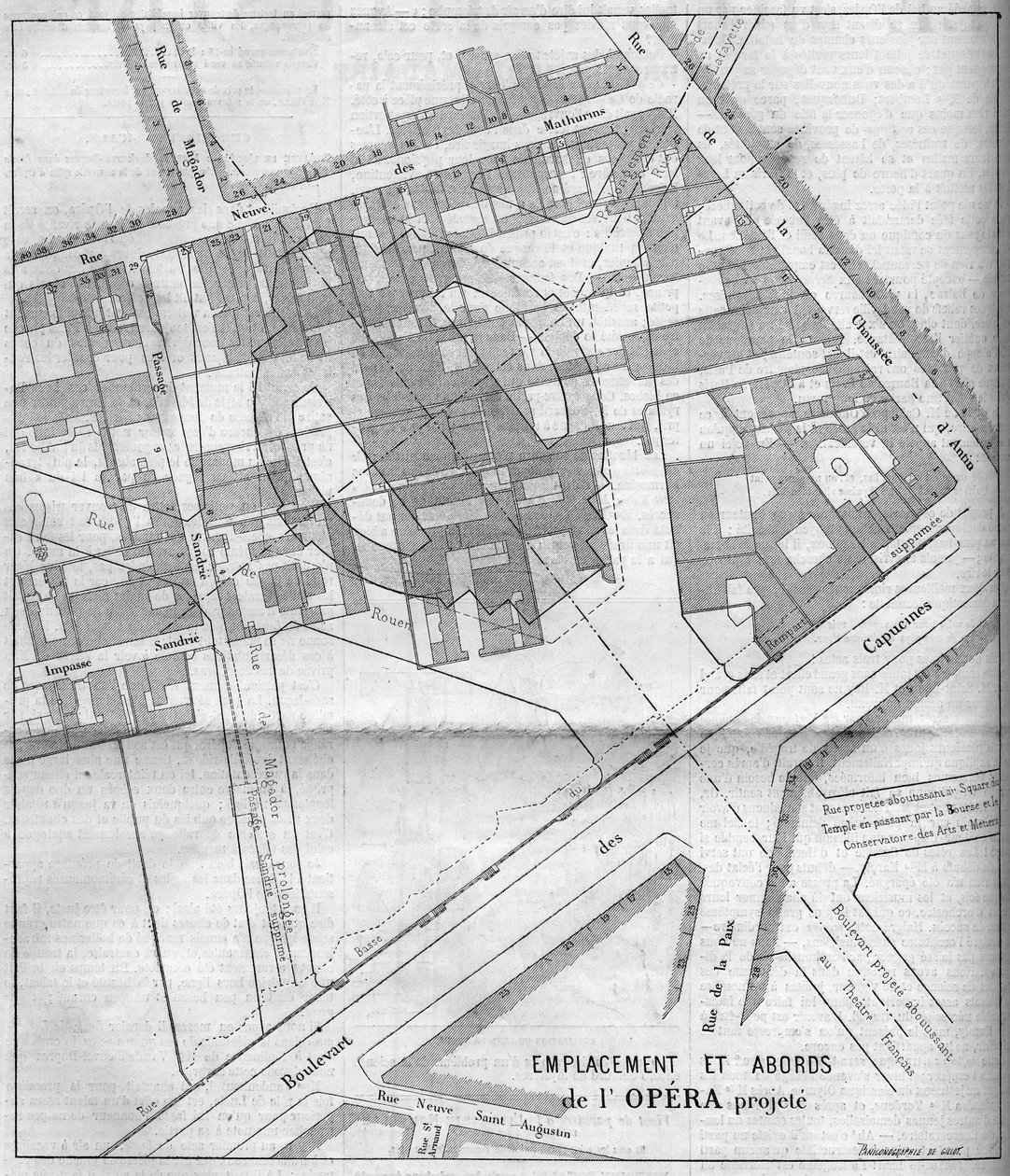 Párizs átalakulása a második birodalom alatt, Haussmann Paris: a párizsi Opera Garnier tervezett terve 1860-ban. Metszet a „” Le Monde Illustré”” 183. számában, 1860. október 13.. alkotó: French School