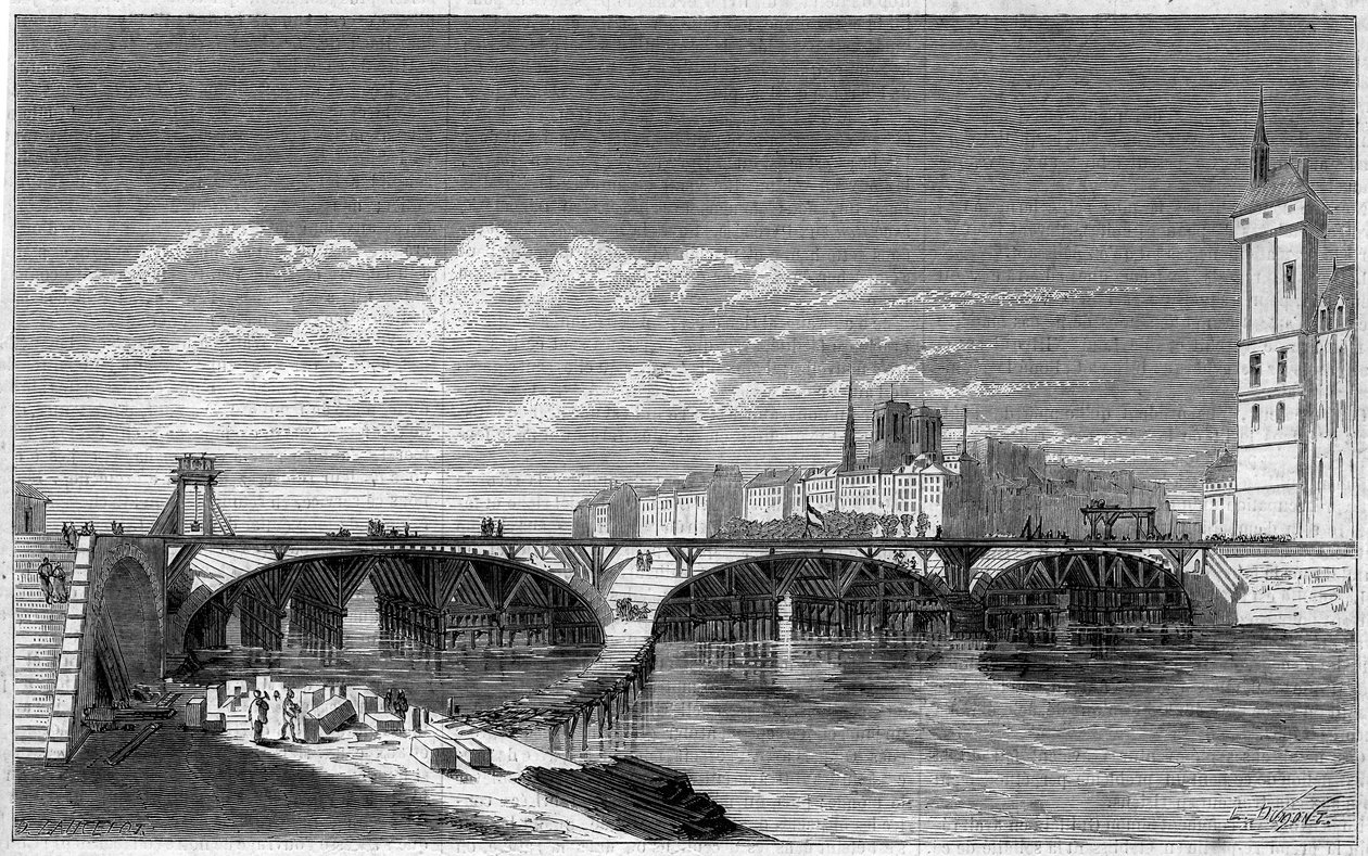 Párizs átalakulásai a második birodalom alatt, Haussmann Paris: a Pont au Change látképe az újjáépítés során. Metszet a „” Le Monde Illustré”” 169. számában, 1860. július 7. alkotó: French School