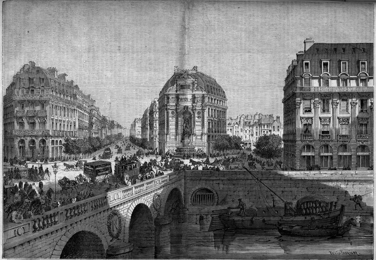 Párizs átalakulásai a második birodalom alatt, Haussmann Paris: kilátás a Boulevard de Sebastopol Saint Michel szökőkútjára (1860). Metszet a „” Le Monde Illustré”” 175. számában, 1860. augusztus 18.. alkotó: French School