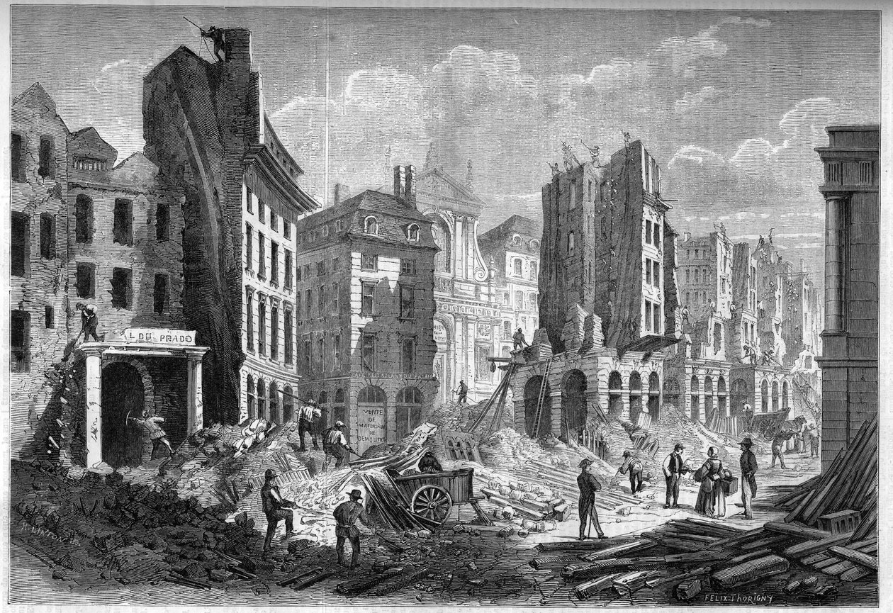 Párizs átalakulása a második birodalom alatt, Paris Haussmann: a Rue de la Barillerie lebontása a Boulevard Sebastopol áttöréséhez. Metszet a „” Le Monde Illustré”” 126. számában, 1859. szeptember 10. alkotó: French School