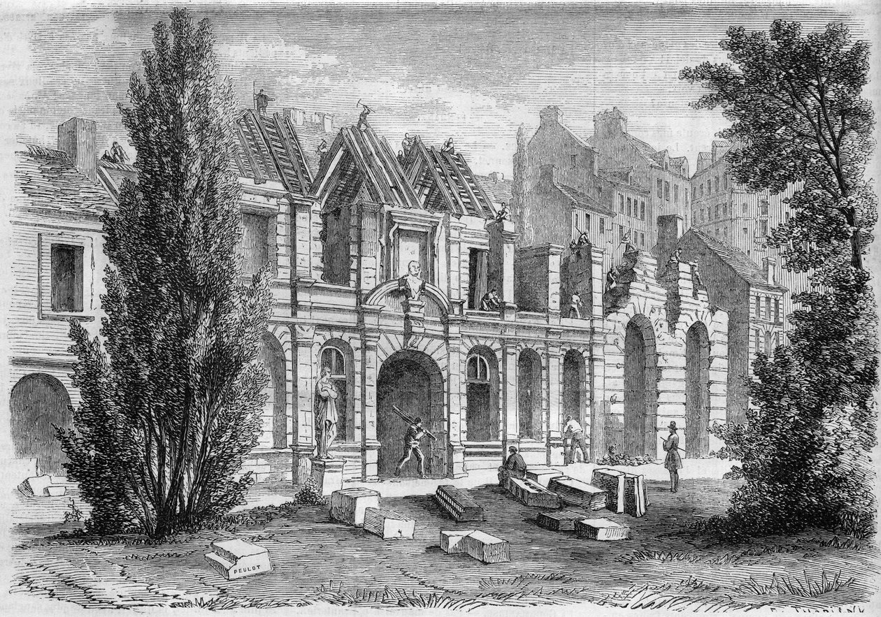 Párizs átalakulása a Második Birodalom alatt, Paris Haussmann: az Orangerie du Luxembourg lebontása a rue Soufflot kiterjesztése érdekében. Metszet a „” Le Monde Illustré”” 276. számában, 1862. július 26. alkotó: French School
