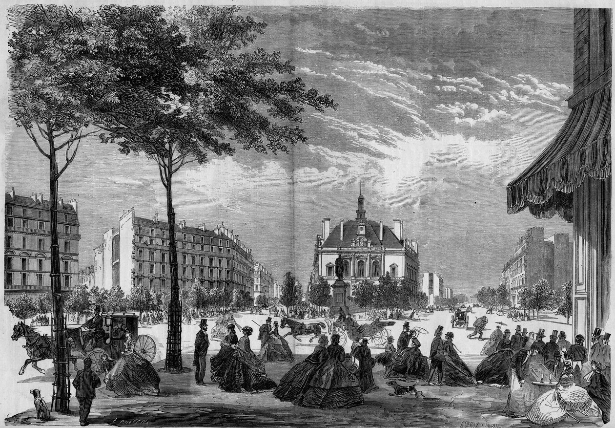 Párizs átalakulásai a második birodalom alatt, Paris Haussmann: a párizsi XI. kerület új városháza. (Látható a Voltaire Boulevard és a Parmentier Avenue). Gravitáció 1865-ből. alkotó: French School