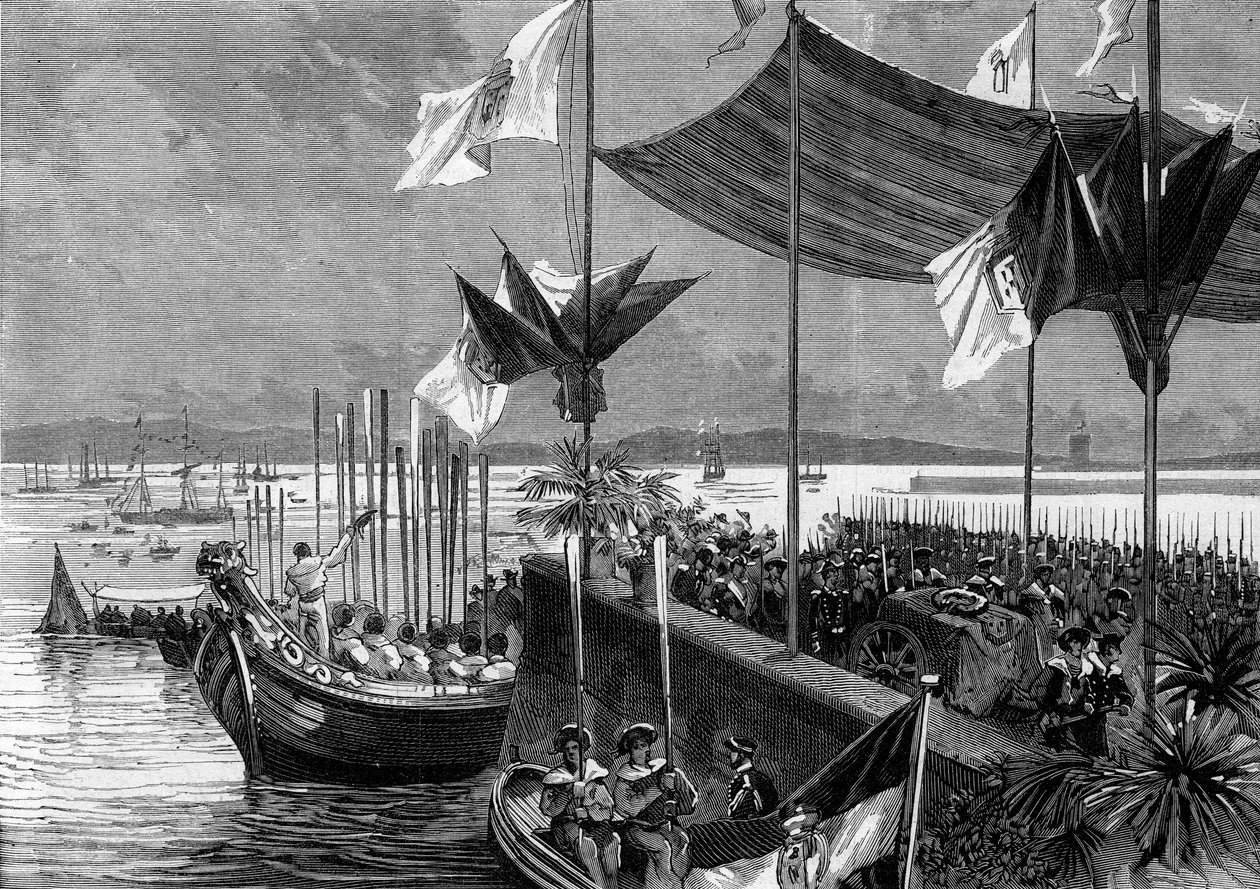 Luis Vaz de Camoes és Vasco de Gama hamvainak fordítása, Portugália, 1880. június 9.: Belem kikötőjében ugatják a Camoanok (1525-1580) költő, Luis Vaz de Camoes és Vasco de Gama navigátor maradványait (1459-1524). Metszet „” L betűvel alkotó: French School