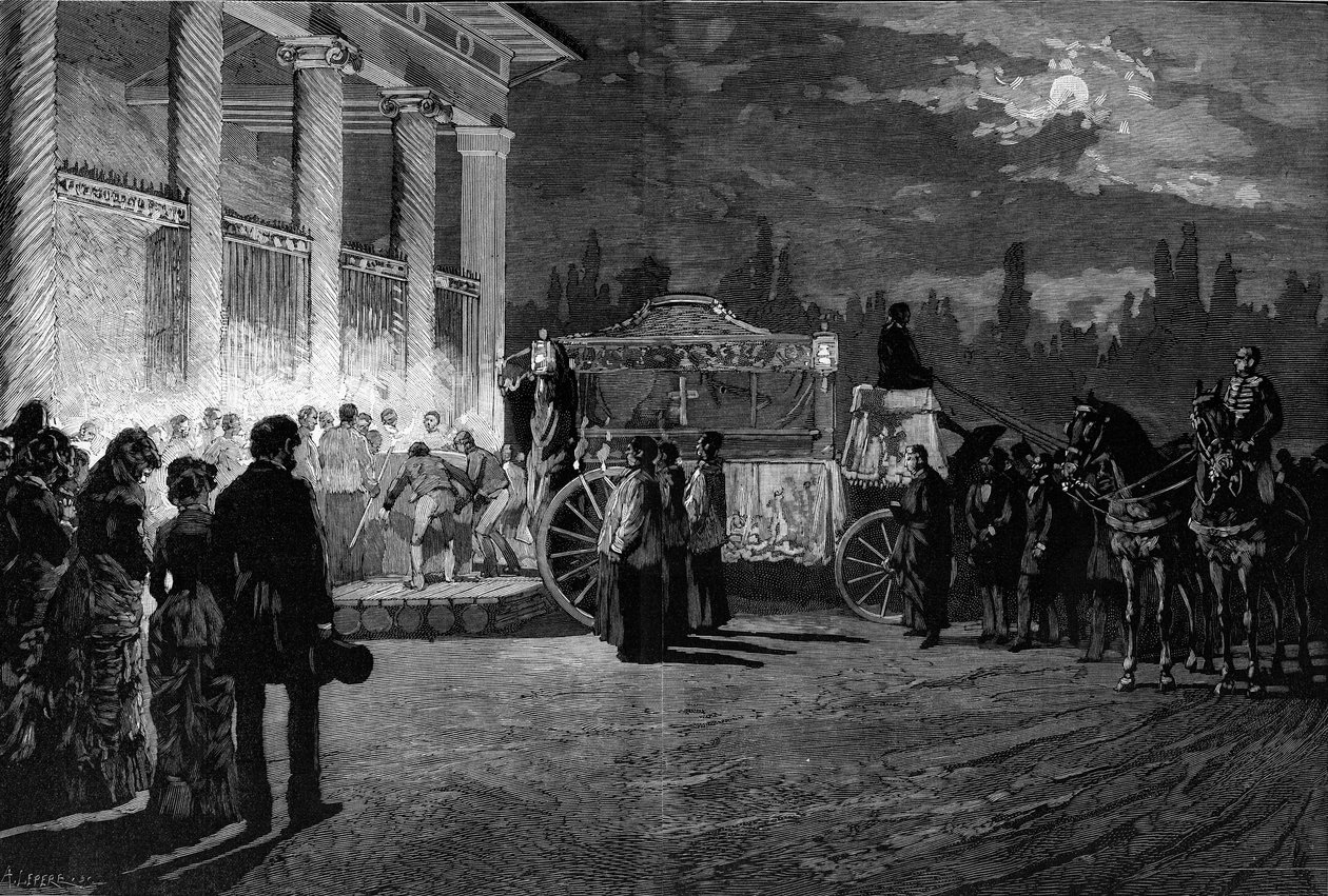 IX. Pius pápa (1792-1878) hamvainak fordítása: a kortézs megérkezése a római Szent Lőrinc-templomba 1881. július 12-én. Pelicer metszet a „” Le Monde Illustré” 1271. számában, 1881. augusztus 6. . alkotó: French School
