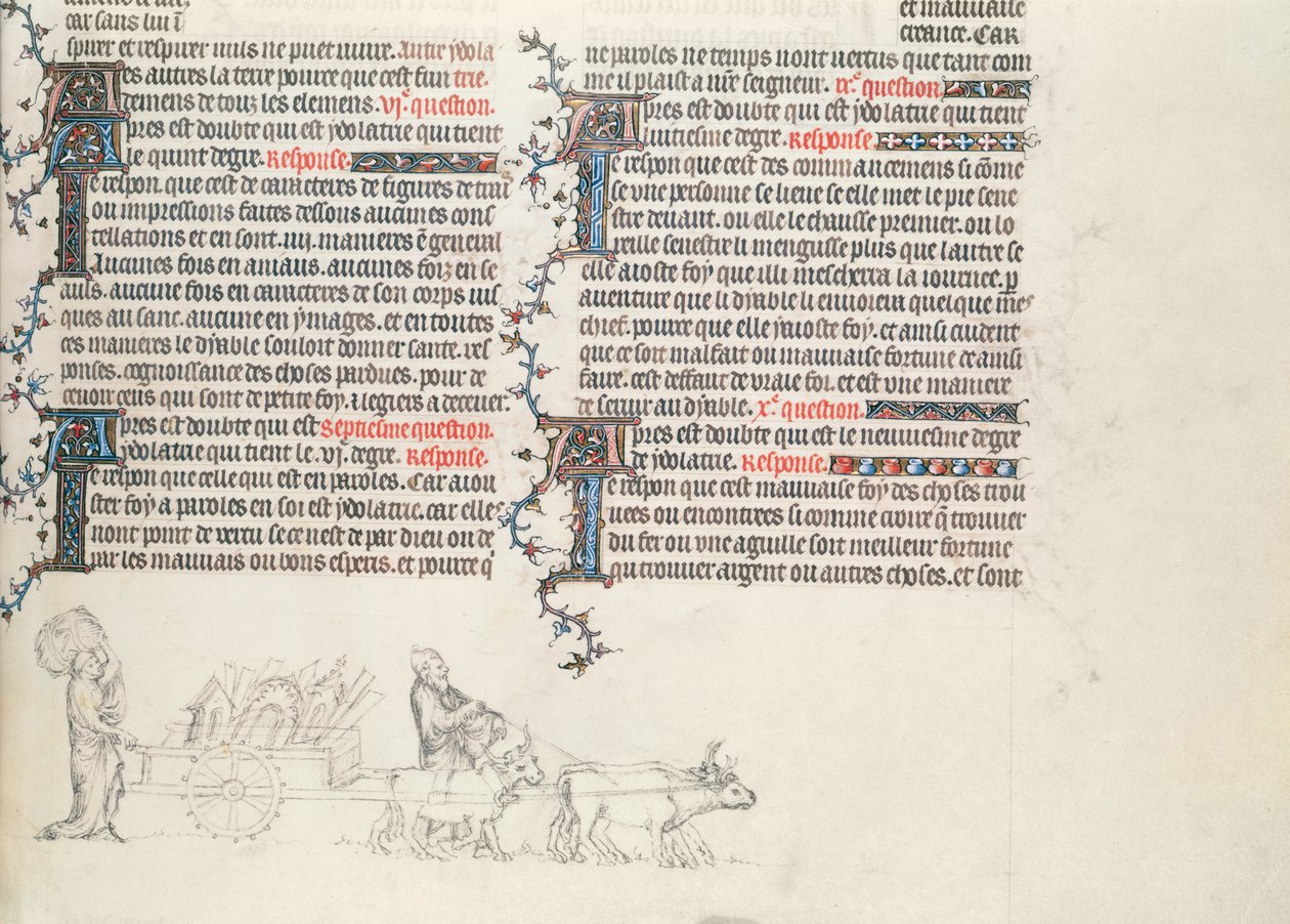 Dolgok szállítása ökör vontatta kocsin, befejezetlen miniatűr Jean de Sy Bibliájából, 1355 körül alkotó: French School