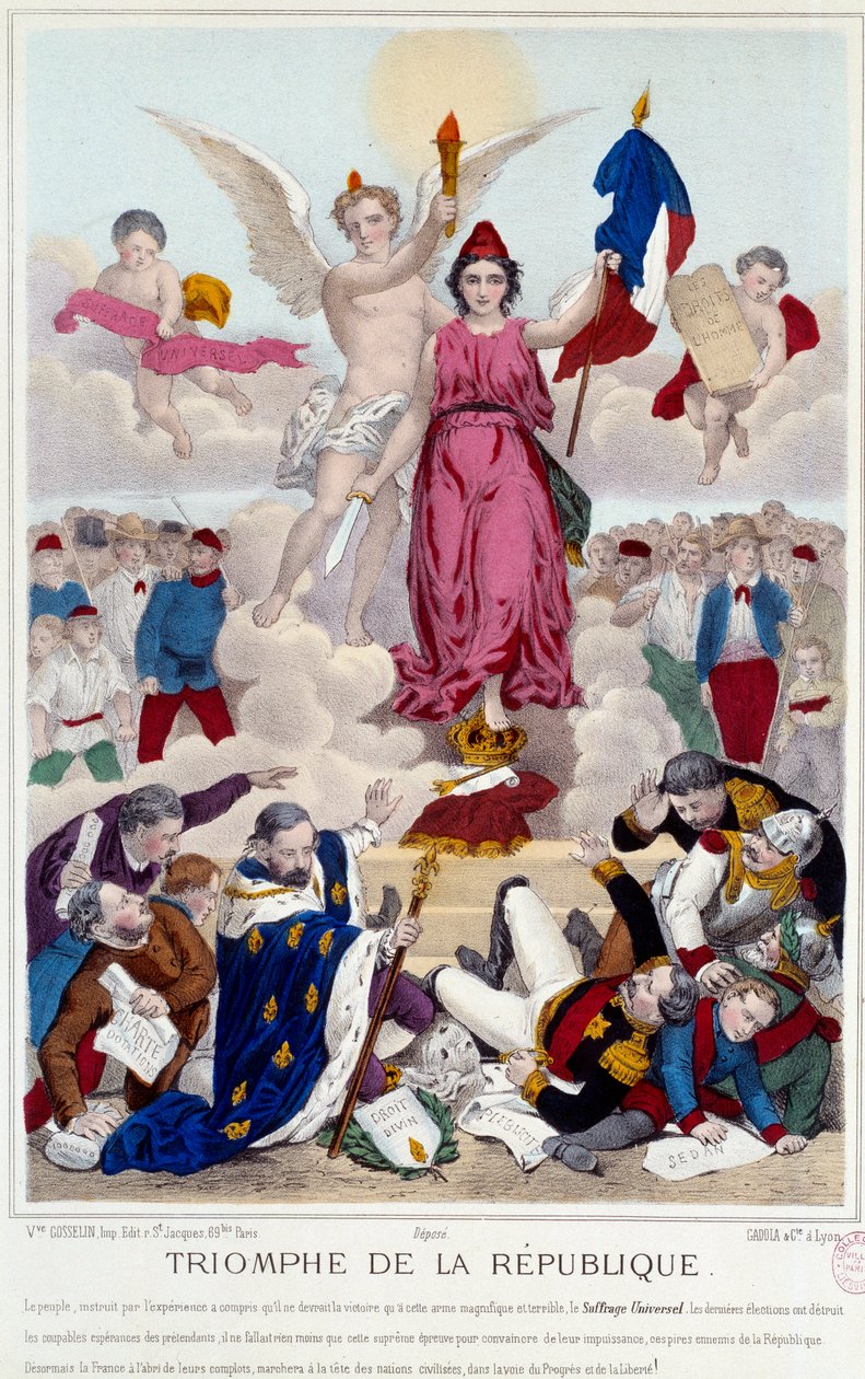 A köztársaság diadala, 1875-ös metszet. Allegória az általános választójogról, amely elpusztítja a köztársaság ellenségeit: "[...] De Franciaország védve van az összeesküvésüktől, a civilizált nemzetek élén halad a haladás és a szabadság útján". alkotó: French School