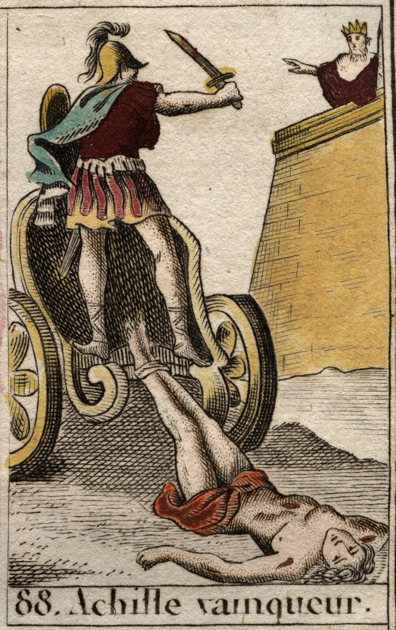 Trójai háború: A diadalmas Akhilleusz vonszolja Hektor élettelen testét Trója kapuja elé. Pierre Blanchard „Az ifjúság mitológiájából” 1803-ból. alkotó: French School