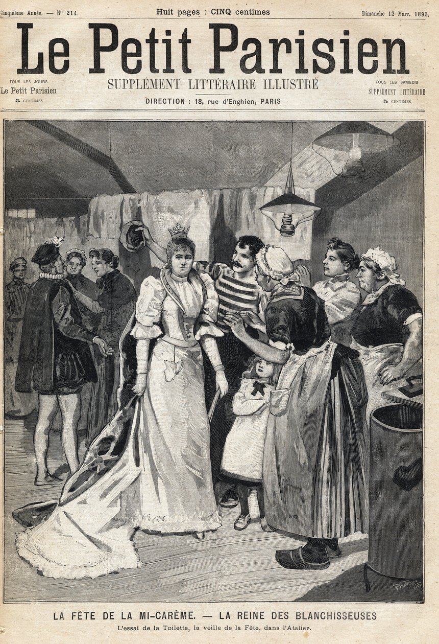 Próbálja ki a WC-t a műhelyben a Mi Careme Fete (Mi-Careme): a fehérítők királynője estéjén. A „Le Petit Parisien” című újság egyike, 1893.12.03. (metszet) alkotó: French School