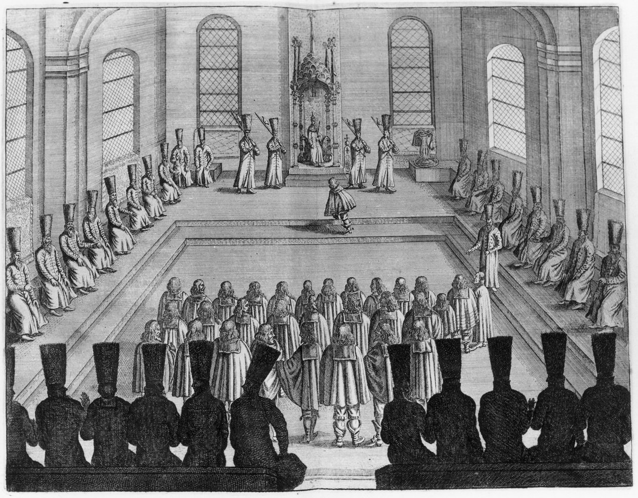Alekszej I. Mihajlovics cár (1629-76) Nyugat nagykövetségét fogadja, Adam Olearius Moszkvában, Tatárban és Perzsiában készült „Nagyon kíváncsi és nagyon híres utazások” I. kötetéből, Wicq fordításában. alkotó: French School