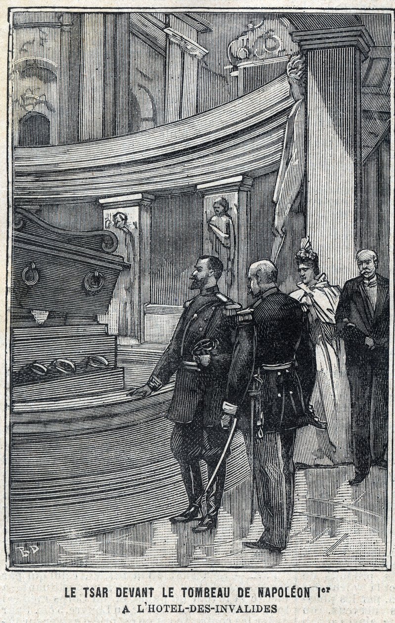 II. Miklós orosz cár (1868-1918) és Alexandra Fiodorovna Romanova cárnő (1872-1918) I. Bonaparte Napóleon sírja előtt a párizsi Hotel des Invalidesben, a „Le Petit Parisien”-ben” alkotó: French School