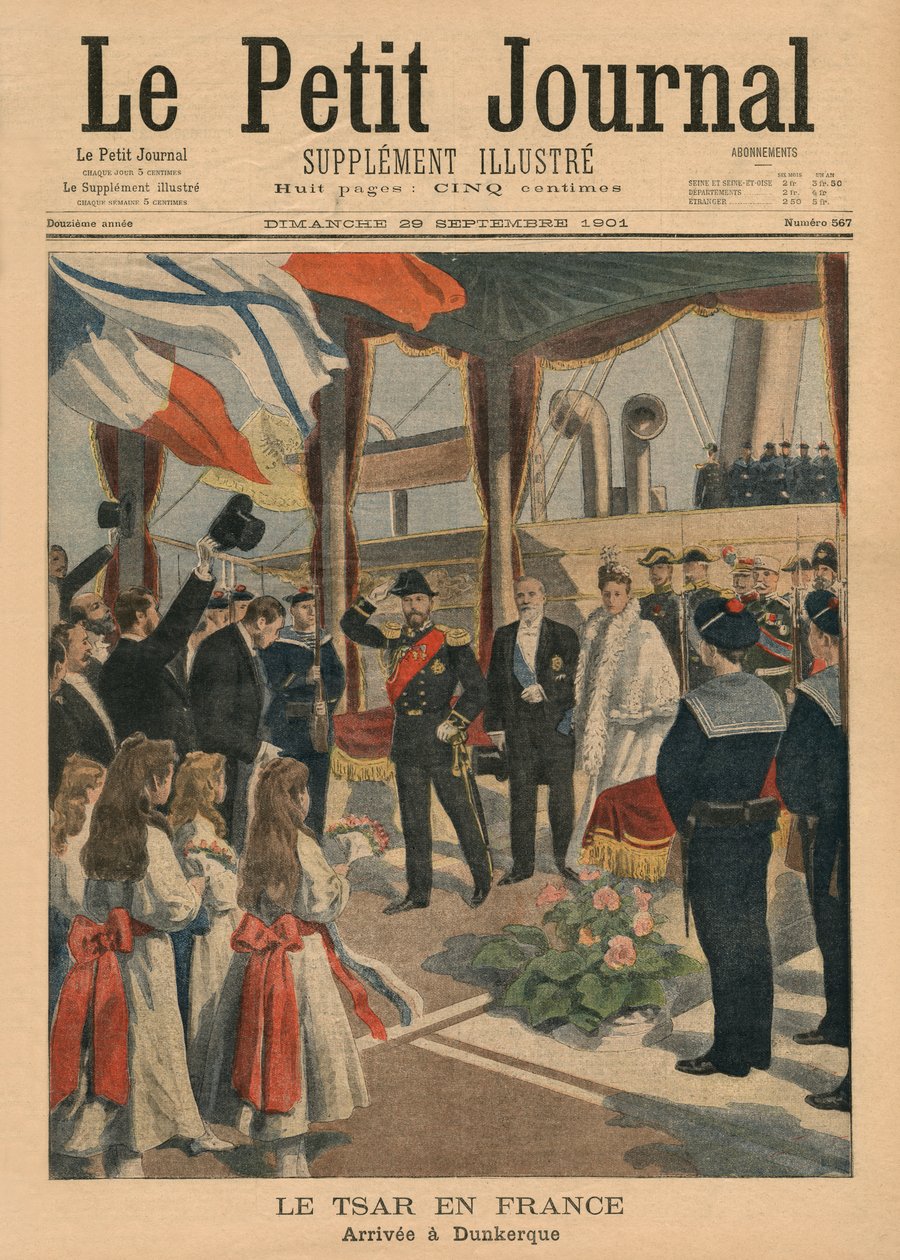 II. Miklós cár Franciaországban, Dunkerque-be érkezik, a „Le Petit Journal” címlapjának illusztrációja, Supplement illustre, 1901. szeptember 29. (színes litó) alkotó: French School