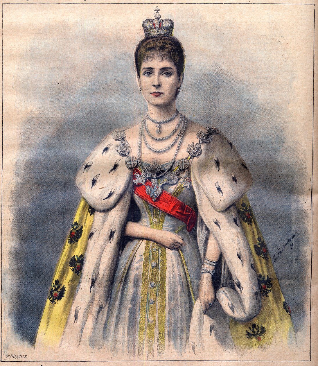 Alexandra orosz cárnő koronázási ruhájában - Alexandra Fiodorovna cárnő a szentek jelmezében. Illusztráció a Le Petit Journal számára, 1896. május 24. (metszet) alkotó: French School