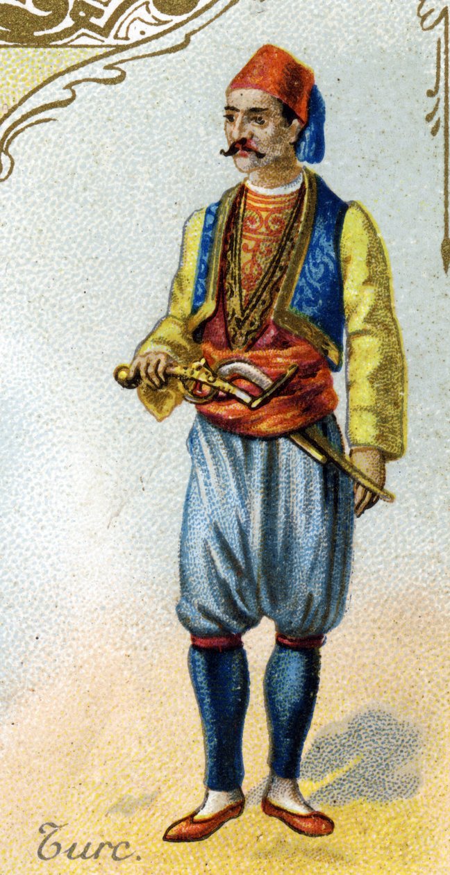 török férfi. A párizsi litográfia kiadása, 19. század vége. 25 reklámkrómból álló sorozat a dijoni Pernot keksz gyártásához, 1869-ben. A karakterek részlete népviseletben alkotó: French School