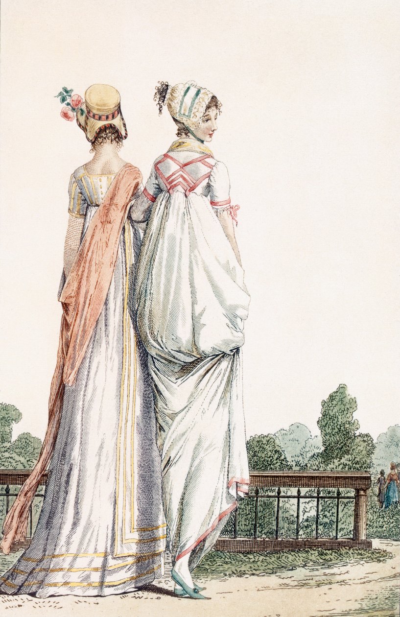 Two Ladies in Promenade Dress, 1796 99:female; népviselet; tradicionális öltözet; divat; c18th; séta; vissza; fehér ruhák; motorháztető; motorháztetők; kalapok; park; kert; alkotó: French School