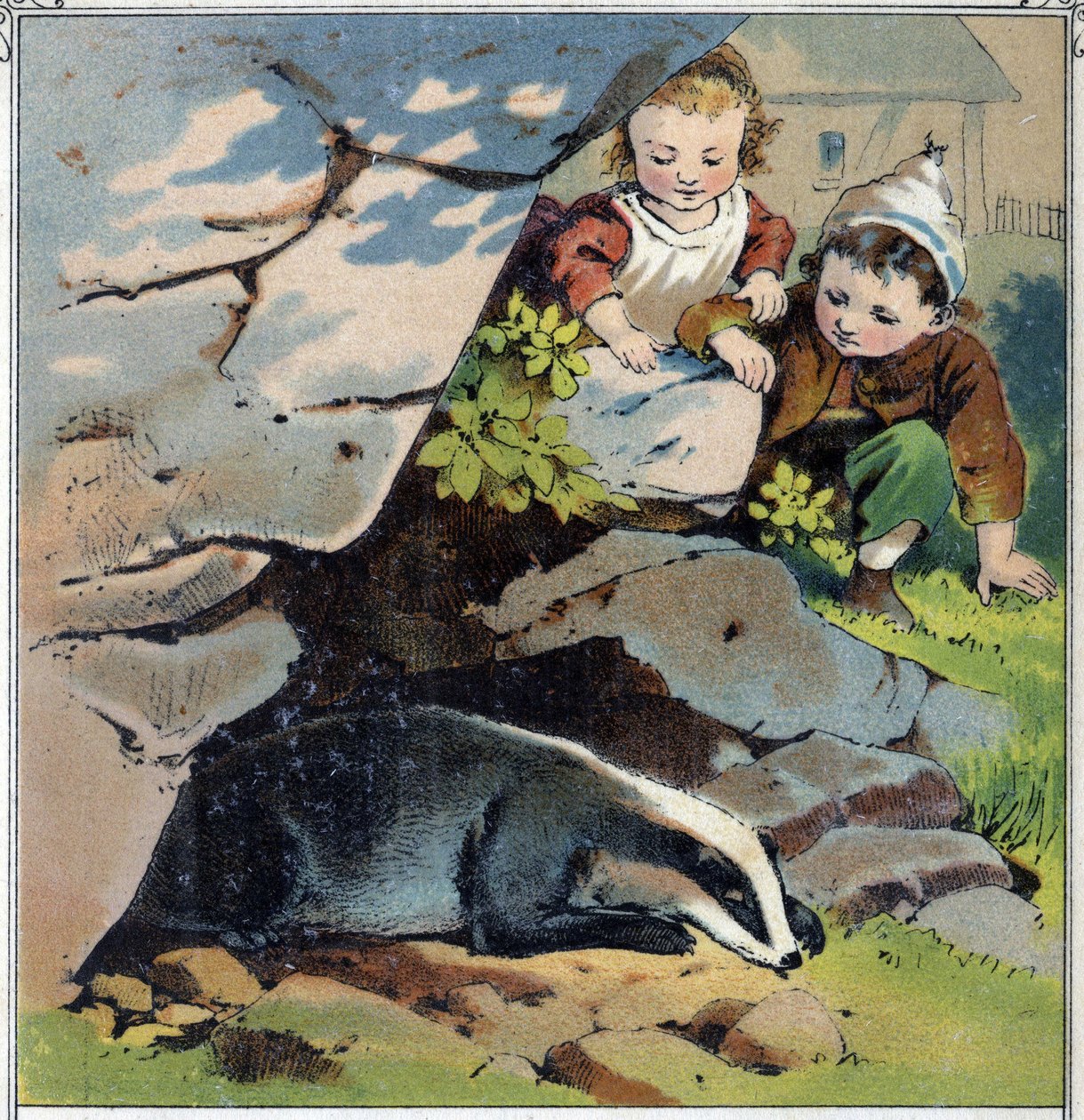 Két gyerek megfigyel egy borzot az odújában. Kromolitográfia a „” Gyermekkori jelenetekből”” szerk. Guerin - Muller 1885 körül. alkotó: French School