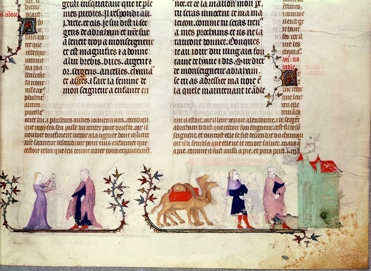 Két jelenet Rebecca történetéből a kútnál, Jean de Sy Bibliájából, 1355 körül alkotó: French School