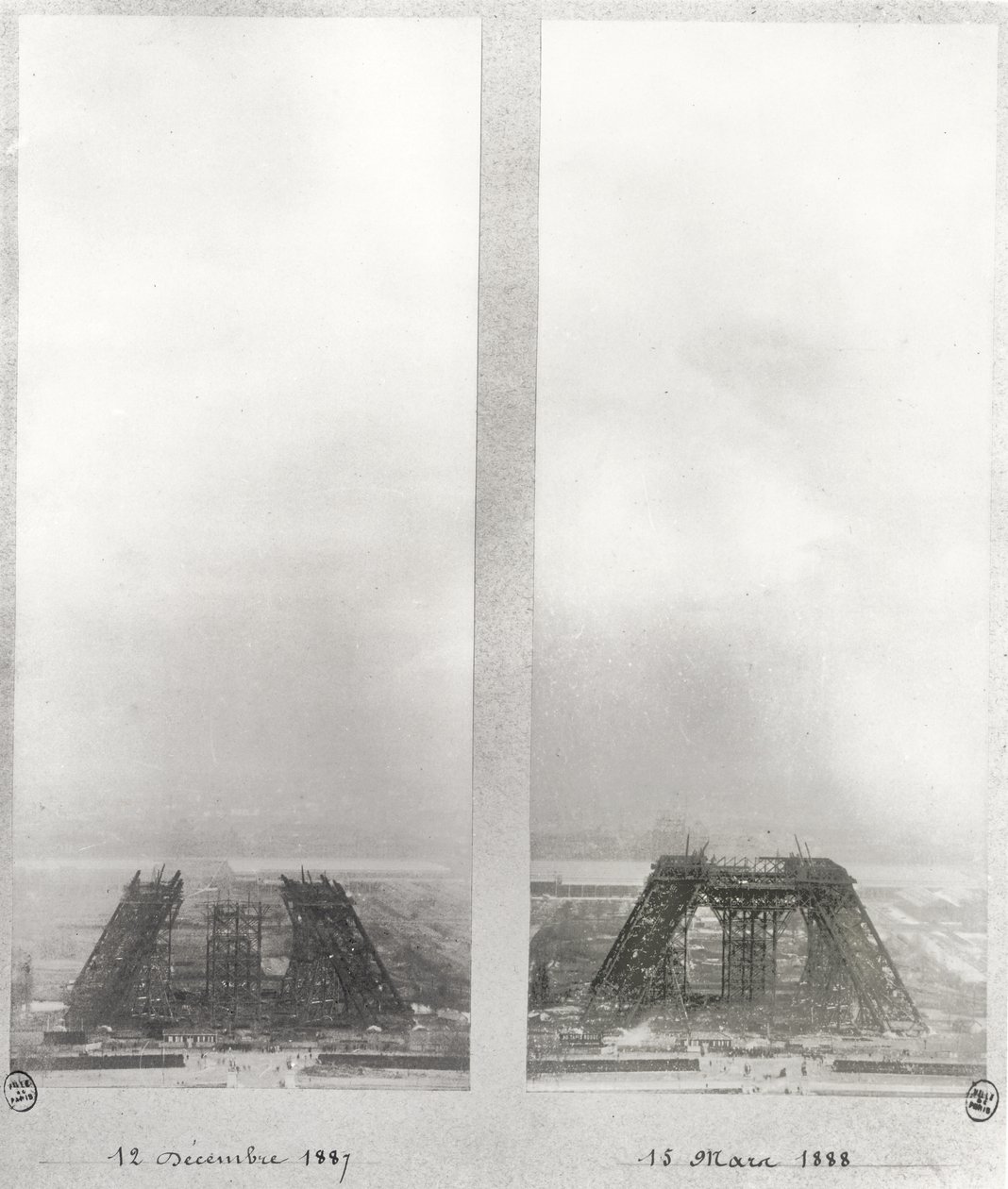 Két nézet az Eiffel-torony építkezéséről, Párizs, 1887. december 12. és 1888. március 15. alkotó: French School