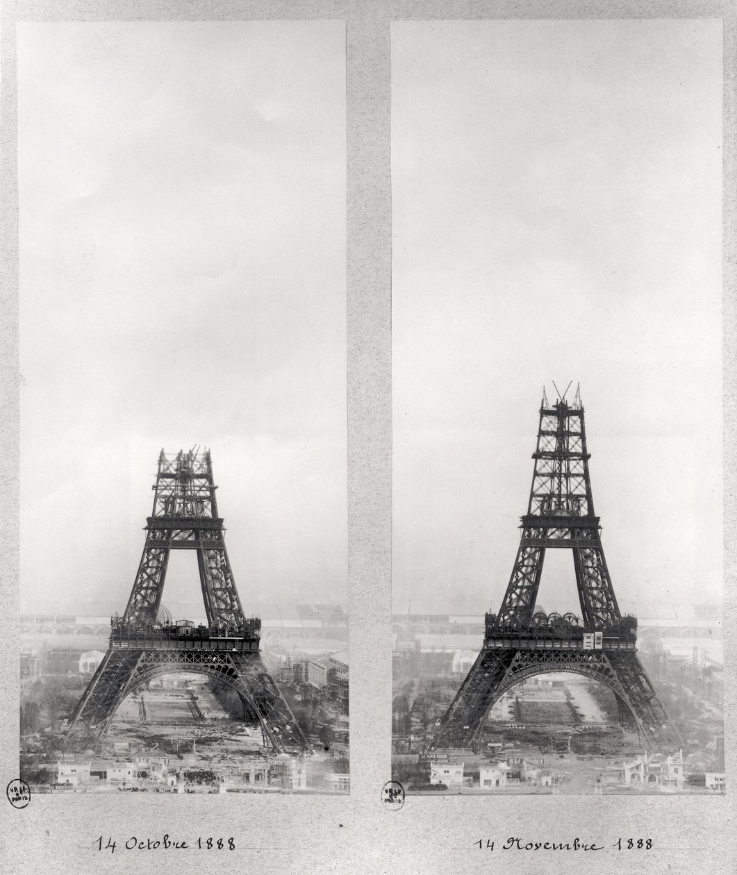 Két nézet az Eiffel-torony építkezéséről, Párizs, 1888. október 14. és november 14. alkotó: French School