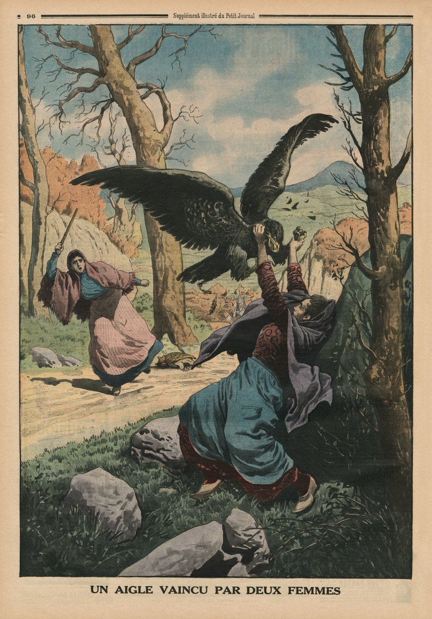 Két nő legyőz egy sast, a hátsó borító illusztrációja a „Le Petit Journal”-ból, mellékelt illusztráció, 1914. március 22. alkotó: French School