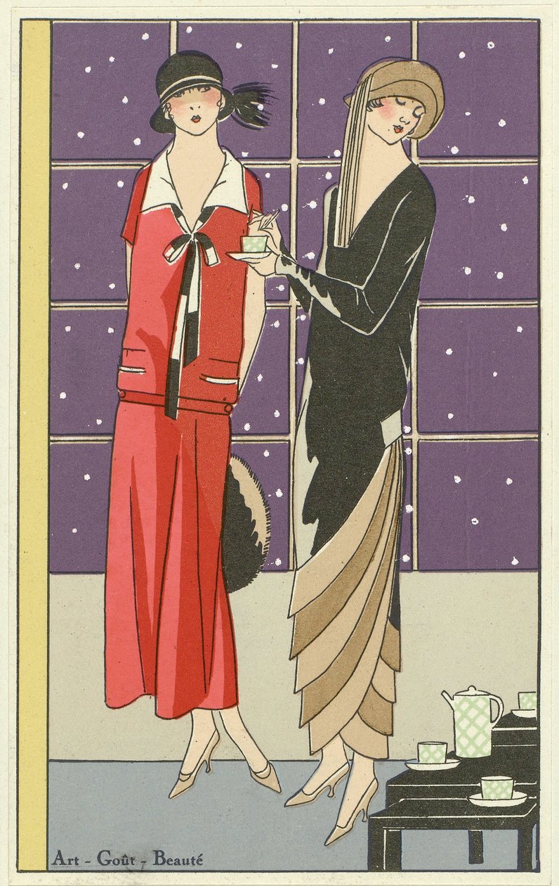 Két nő teázik és Jean Patou és Beer dizájnjaiba öltözve, az Art-Goût-Beauté pubból. 1924 alkotó: French School