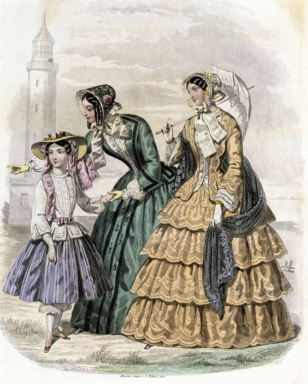 Két nő egy lánnyal a vidéken - a „Journal des Demoiselles”-ben, 1852. alkotó: French School