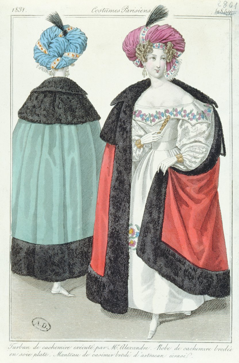Két nő turbánnal, ruhákkal és kasmír köpenyekkel, a Costumes Parisiensből, 1831 alkotó: French School