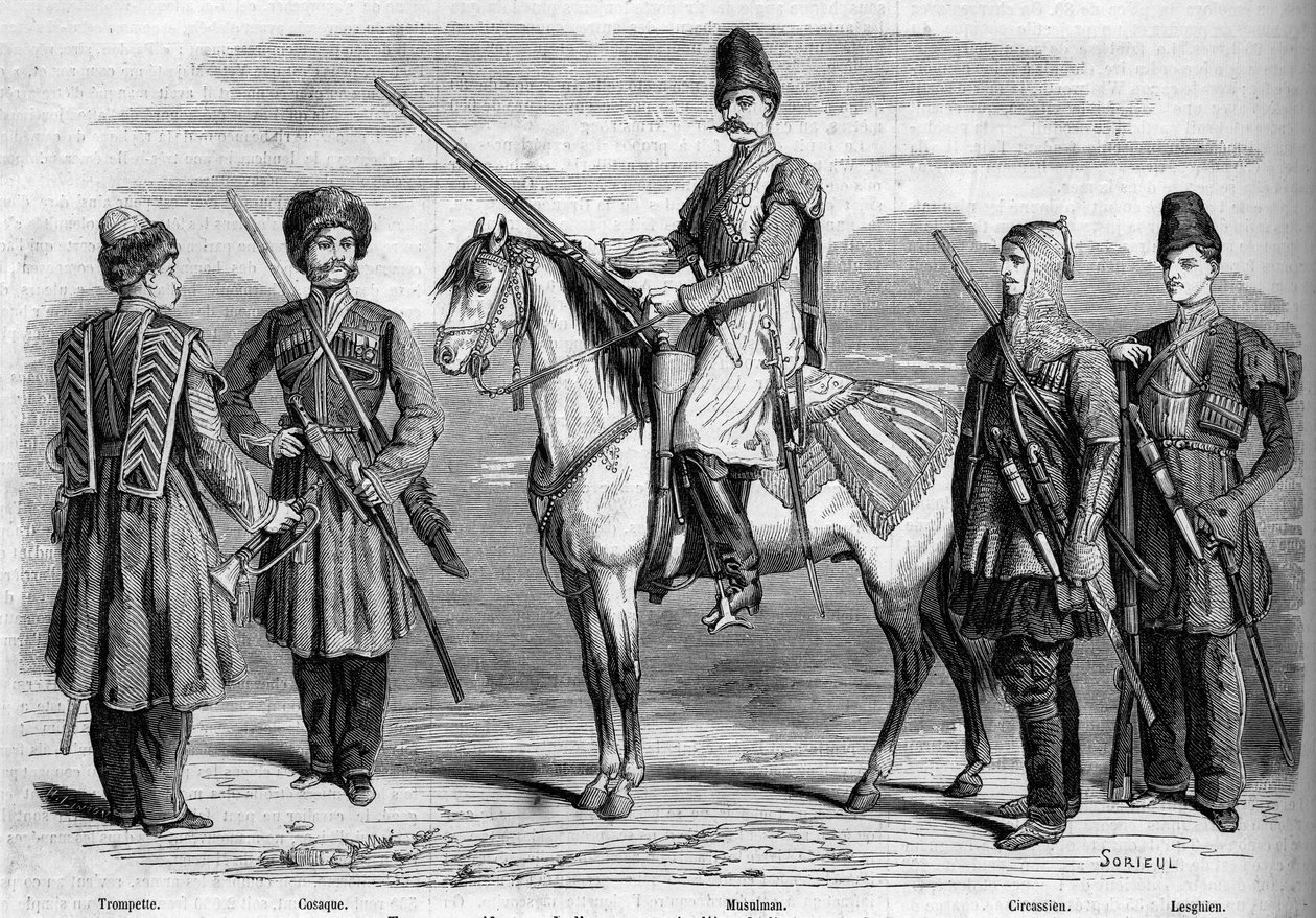 Az orosz császár különleges kíséretének típusai és egyenruhái. Balról jobbra: trombita, kozák, muszlim, cserkesz és lesgh. Metszet a „” Le Monde Illustré”” 153. számában, 1860. március 17.. alkotó: French School