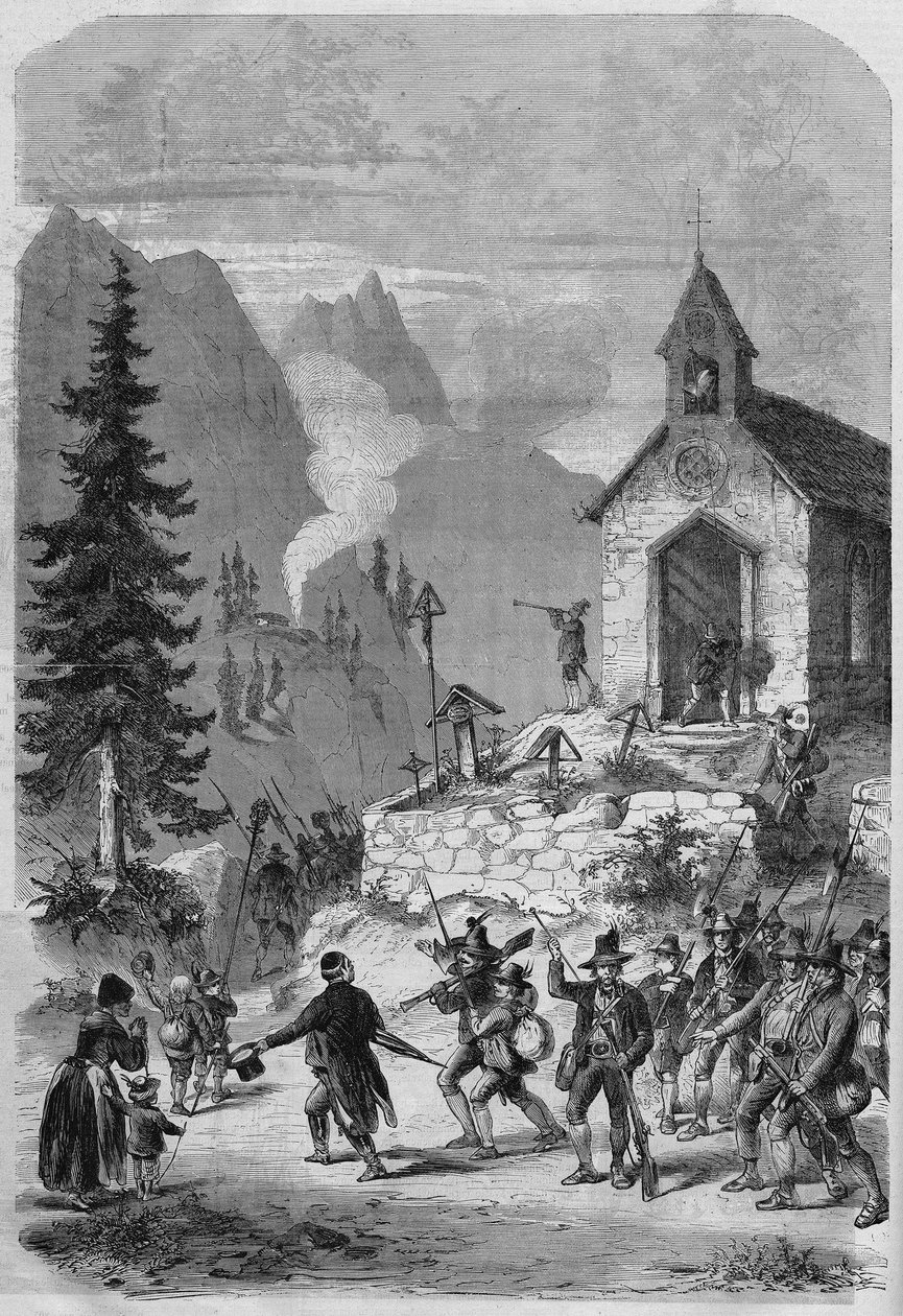 Tirol, az osztrák hadsereg tiroli csapatainak visszatérésének színhelye, 1866 októberében. Metszet alkotó: French School
