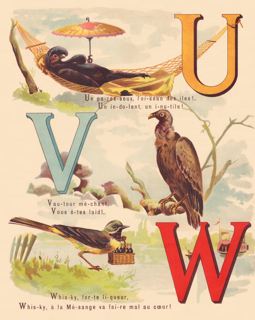 U V W: Fekete eMu, keselyű, wagtail, whisky alkotó: French School