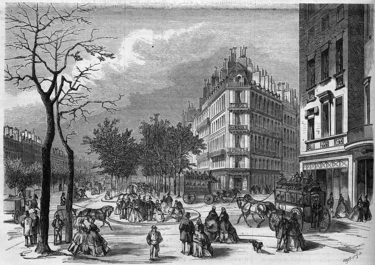 A Boulevard des Capucines és a Boulevard de la Madeleine között az egyik első "menedék" a párizsi körutakon átkelő gyalogosok számára. alkotó: French School