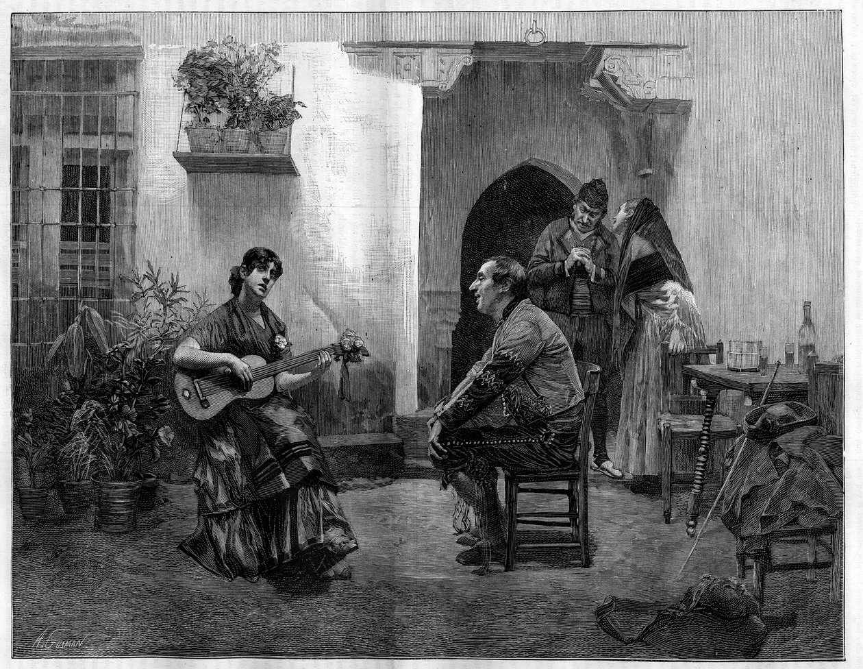 A varázslat alatt: egy férfi csodálattal hallgat egy fiatal spanyol lányt, aki gitározik. Metszet Jules Worms (1832-1914) festménye után a „The Illustrious World”, május 1. alkotó: French School