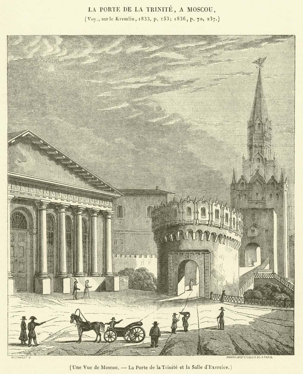 Moszkva látképe, a Szentháromság kapu és a gyakorlóterem (metszet) alkotó: French School
