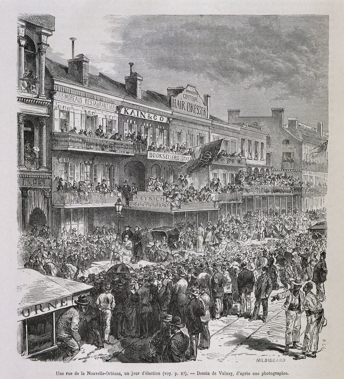 Egy utca New Orleans-ban a választás napján 1875-ben - a „Le Tour du Monde”-ban, 2. szem. 1876 alkotó: French School