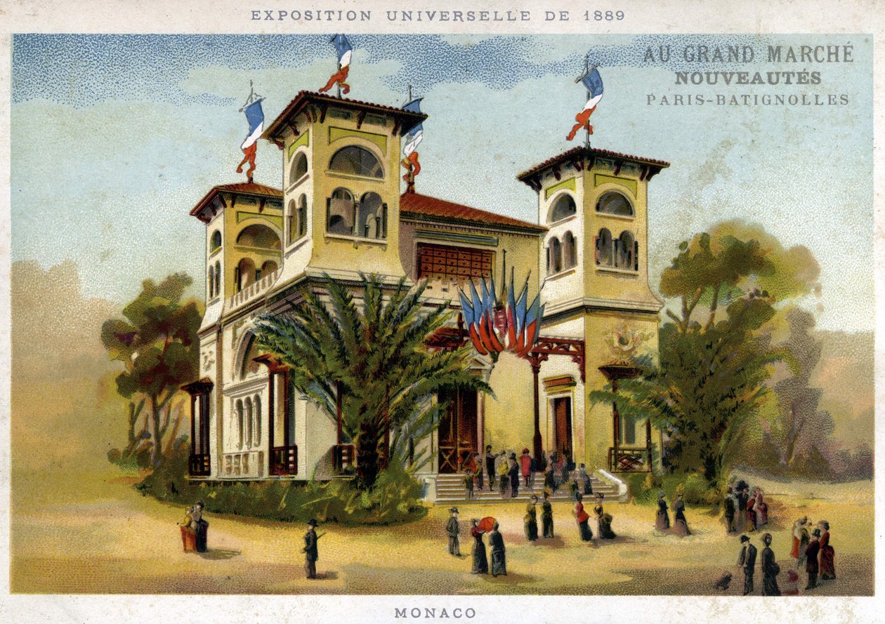 1889. évi egyetemes kiállítás. A monacói pavilon. A 19. század végének kromolitográfiája. alkotó: French School