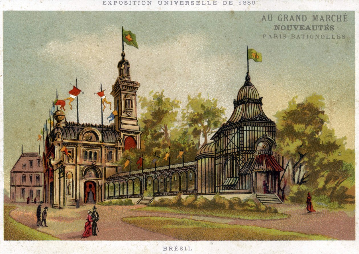 1889. évi egyetemes kiállítás. Brazília pavilonja. Paris Batignolles. A 19. század végének kromolitográfiája. alkotó: French School