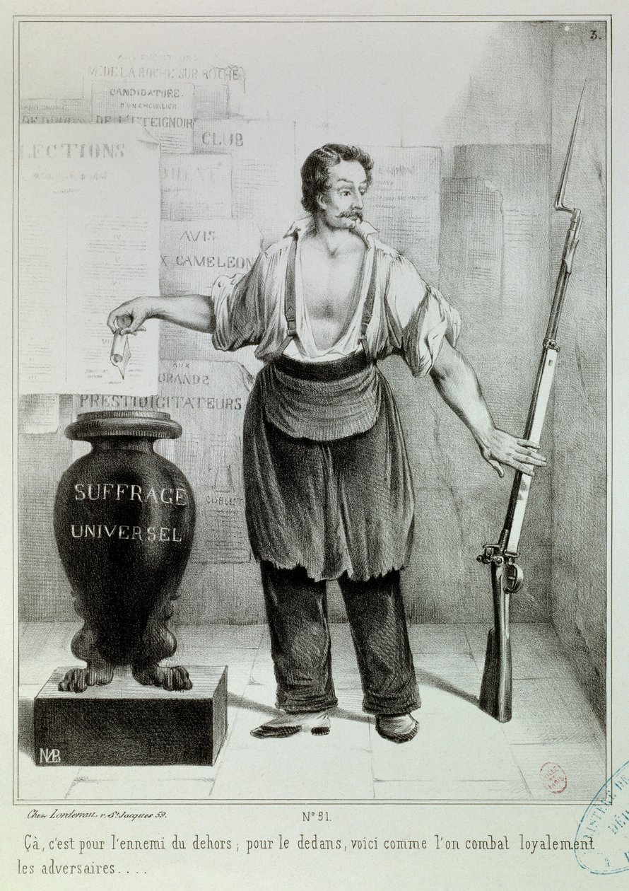 Általános választójog „” a szavazat vagy a puska”” A szavazatnak a puska helyett az ellenséggel kell megküzdenie. Metszet: M.L. Bosredon, 1848. április. Párizs, Musee Carnavalet alkotó: French School
