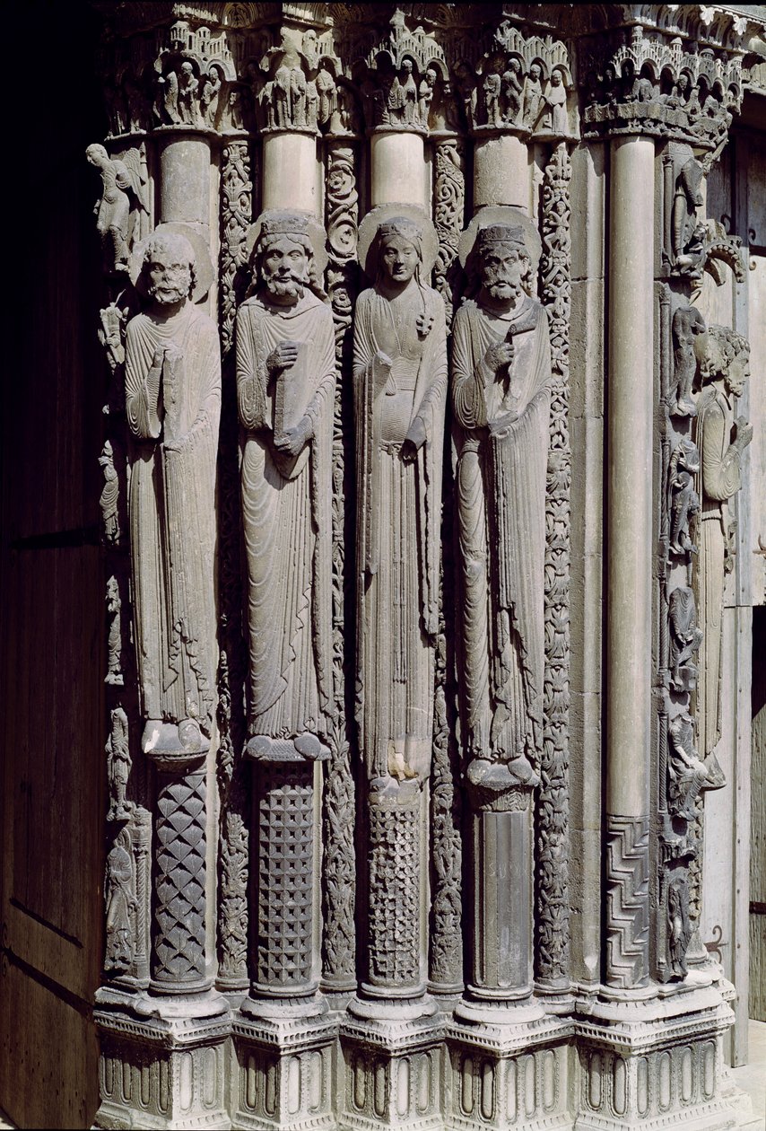 Ismeretlen figura, Salamon király, Sába királynője és Dávid király, karámfigurák a királyi portálról, 1140-55 alkotó: French School