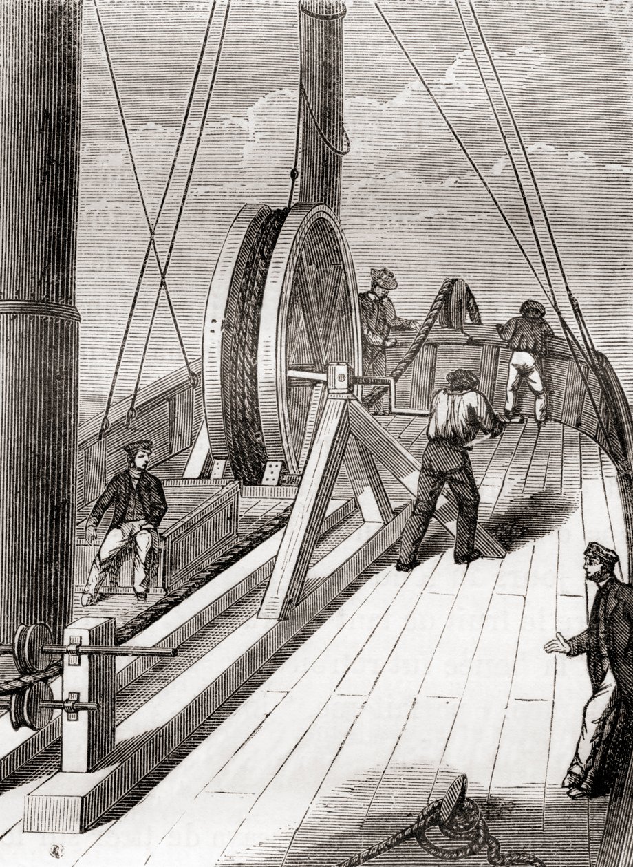 A Dover és Calais közötti tengeralattjáró kábel letekerése a Blazer fedélzetén, 1851. december 25., a Les Merveilles de la Science-ből, 1870 körül megjelent (metszet) alkotó: French School