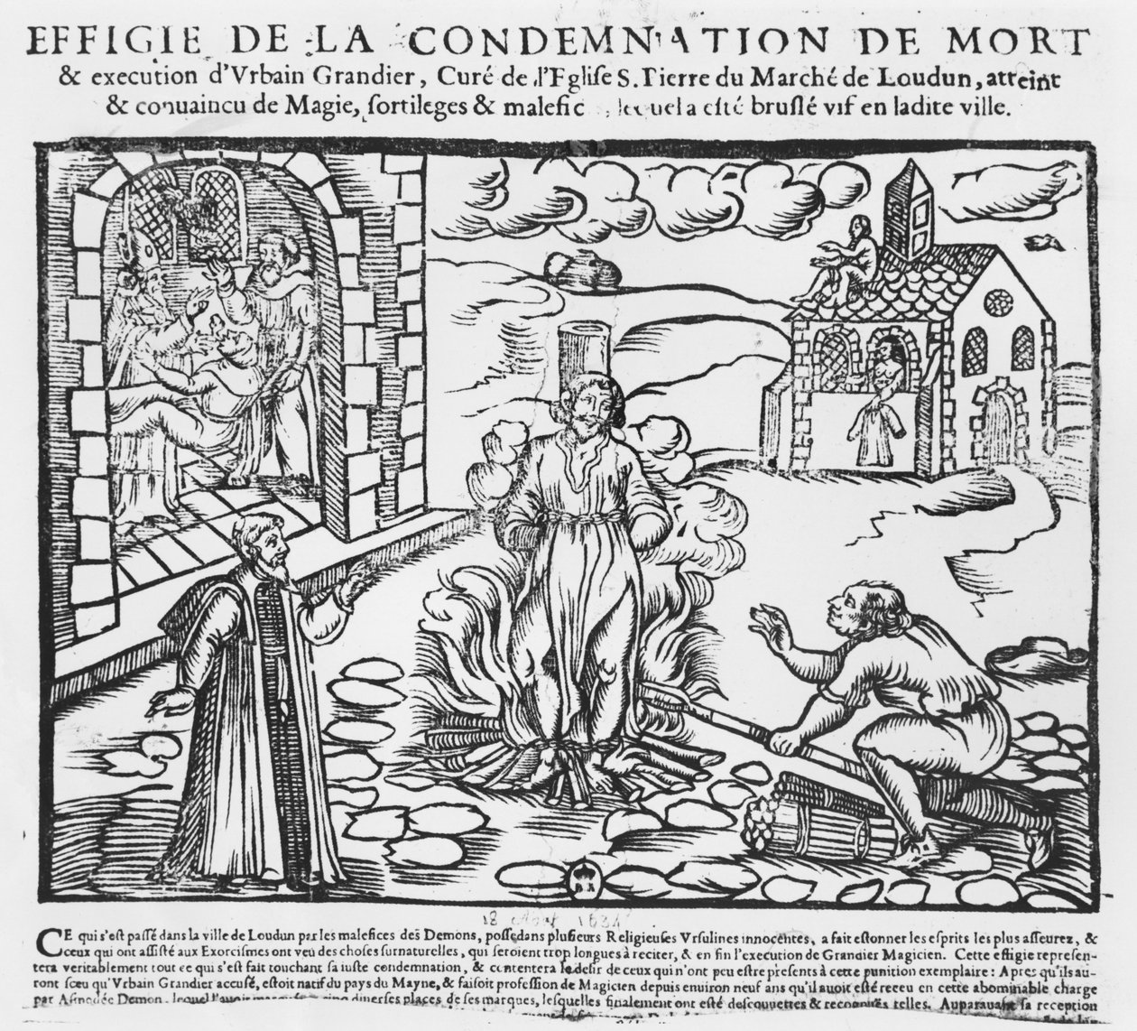 Urbain Grandier máglyán égett a louduni birtok eseményei után, 1634 (fametszet) alkotó: French School