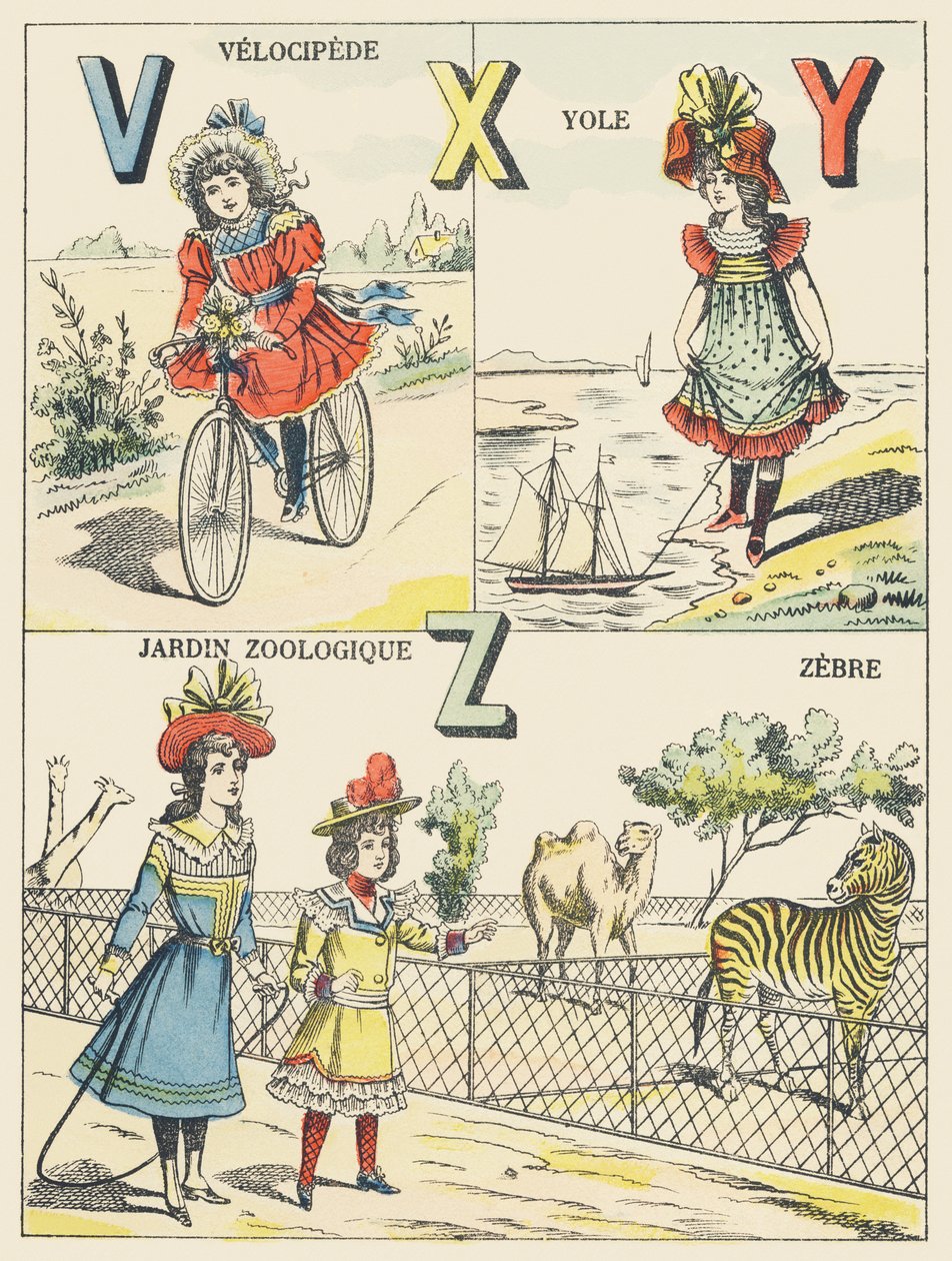 V X Y Z: velocipéd, yole, zoológiai kert, zebra alkotó: French School