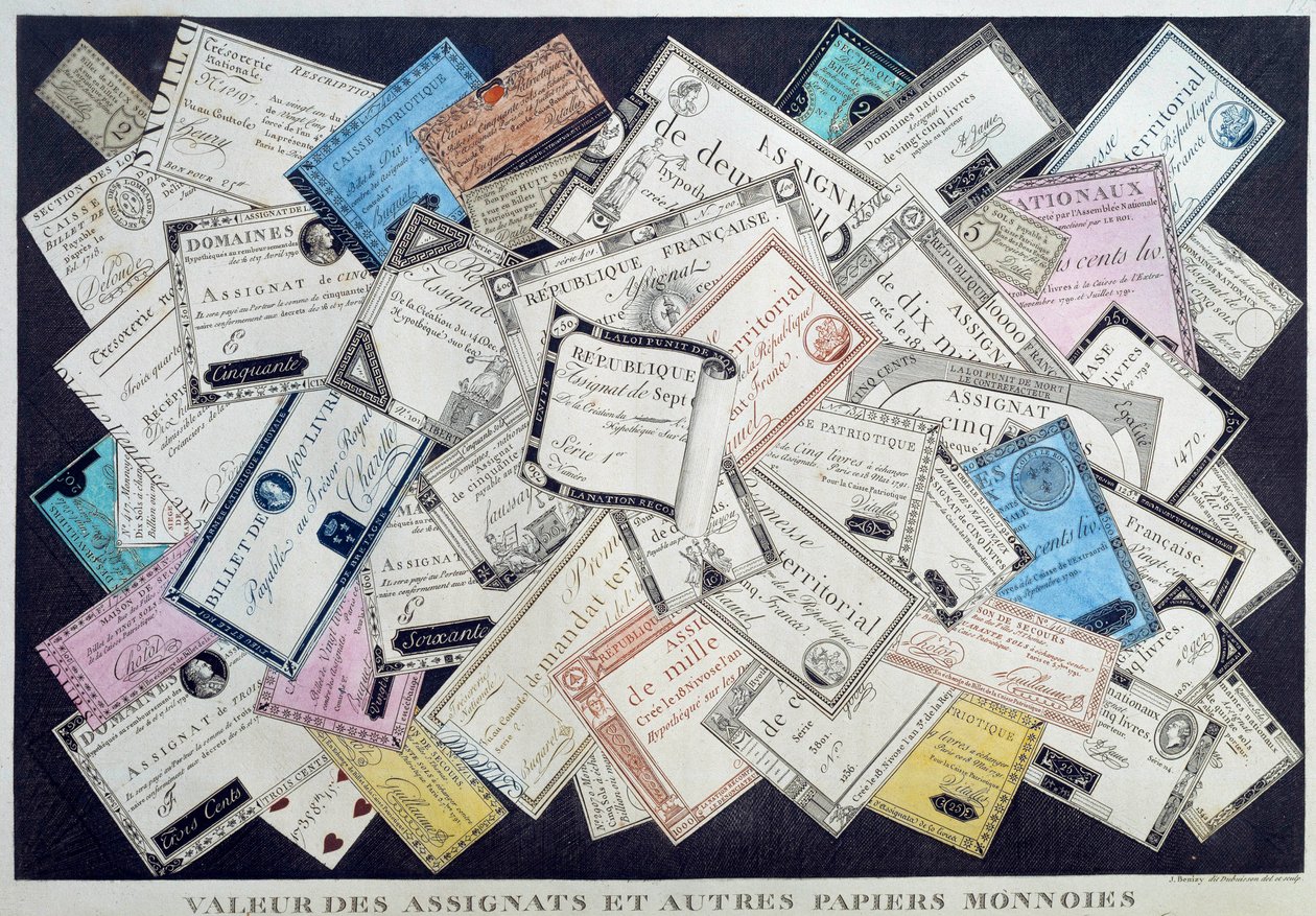 A megbízottak és más papírérmék értéke a francia forradalom idején. 18. század. Musee Carnavalet, Párizs – Az assignats és más valutapapírok értéke az angol forradalom idején. Metszés alkotó: French School