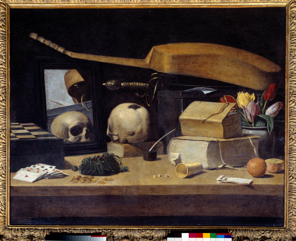 Vanitas csendélet (vanite) kártyapaklival, hangszerrel és koponyával. A francia iskola festménye. 17. század. Nap 0,72x0,9 m alkotó: French School